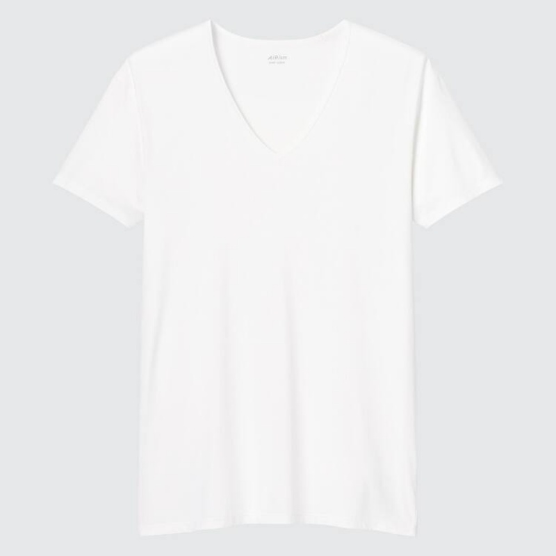 Férfi Uniqlo Airism V Neck Rövid Sleeved Póló Fehér | ROJKZ-3819