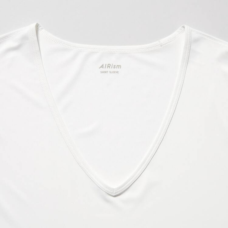 Férfi Uniqlo Airism V Neck Rövid Sleeved Póló Fehér | ROJKZ-3819