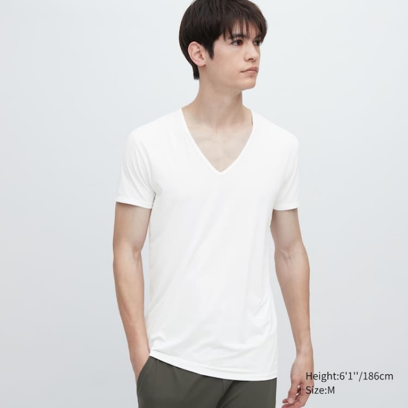 Férfi Uniqlo Airism V Neck Rövid Sleeved Póló Fehér | ROJKZ-3819