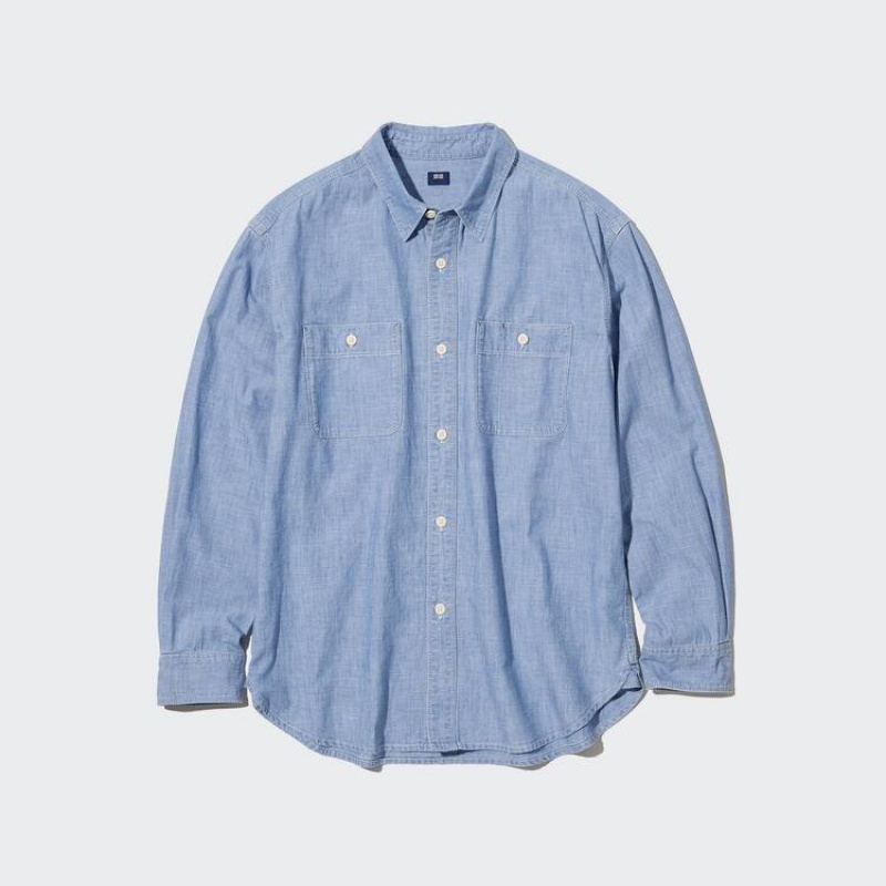 Férfi Uniqlo Chambray Regular Fit Munka (Regular Collar) Ingek Kék | ZFSPR-8723