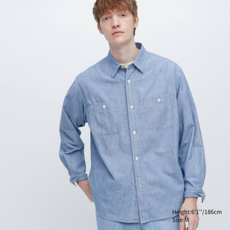 Férfi Uniqlo Chambray Regular Fit Munka (Regular Collar) Ingek Kék | ZFSPR-8723