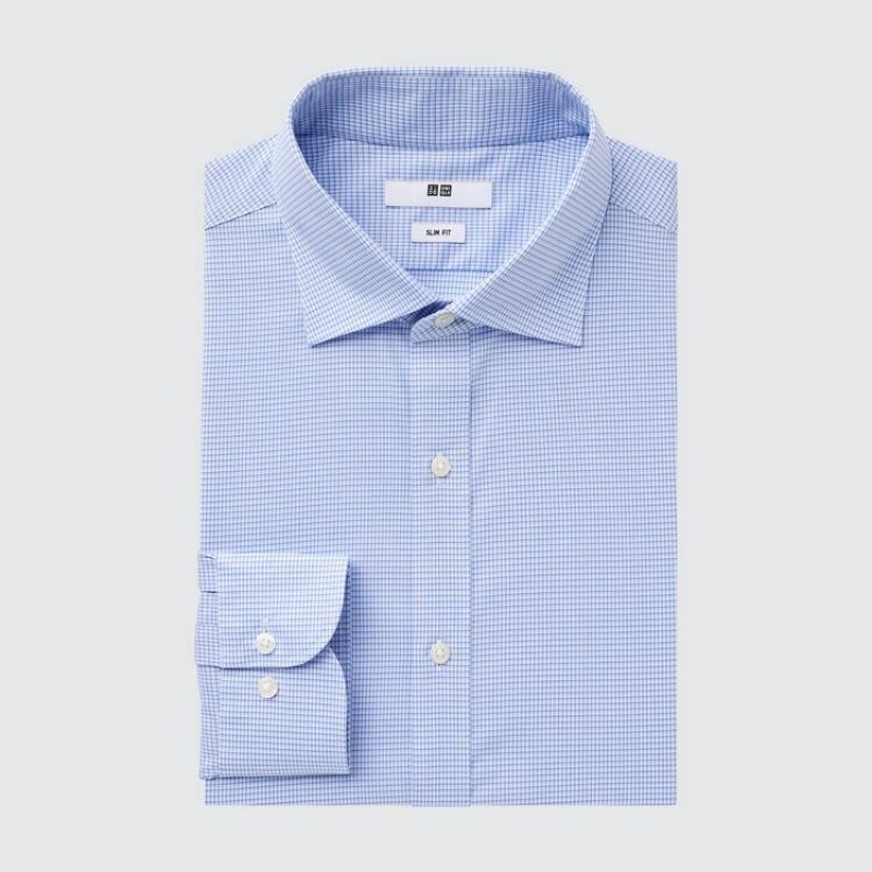 Férfi Uniqlo Easy Care Checked Stretch Slim Fit (Semi-cutaway Collar) Ingek Kék | UDVWG-5392