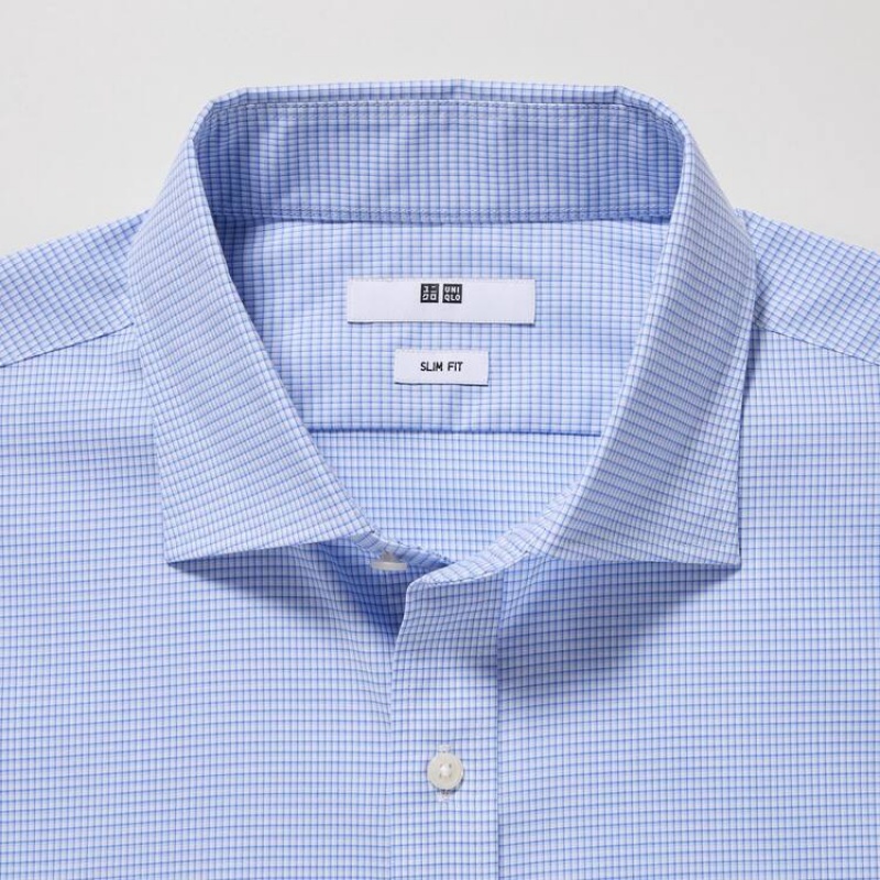 Férfi Uniqlo Easy Care Checked Stretch Slim Fit (Semi-cutaway Collar) Ingek Kék | UDVWG-5392