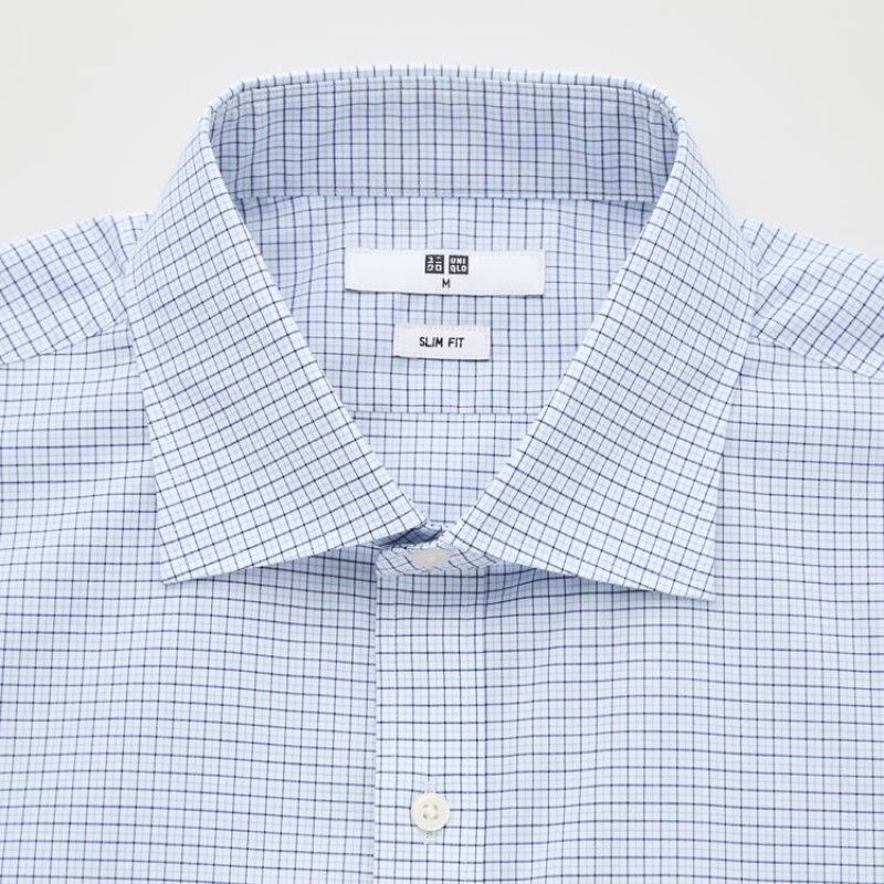 Férfi Uniqlo Easy Care Checked Stretch Slim Fit (Semi-cutaway Collar) Ingek Kék | HIVEJ-8519