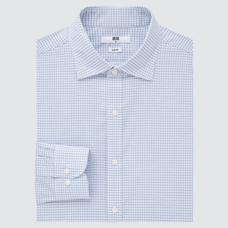 Férfi Uniqlo Easy Care Checked Stretch Slim Fit (Semi-cutaway Collar) Ingek Kék | HIVEJ-8519