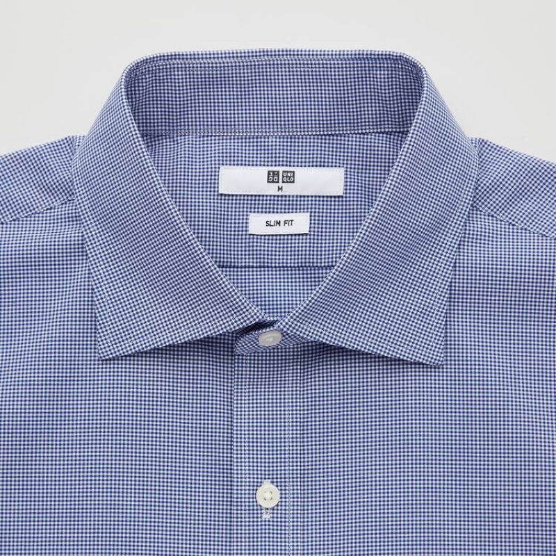 Férfi Uniqlo Easy Care Checked Stretch Slim Fit (Semi-cutaway Collar) Ingek Kék | GVBKA-3217