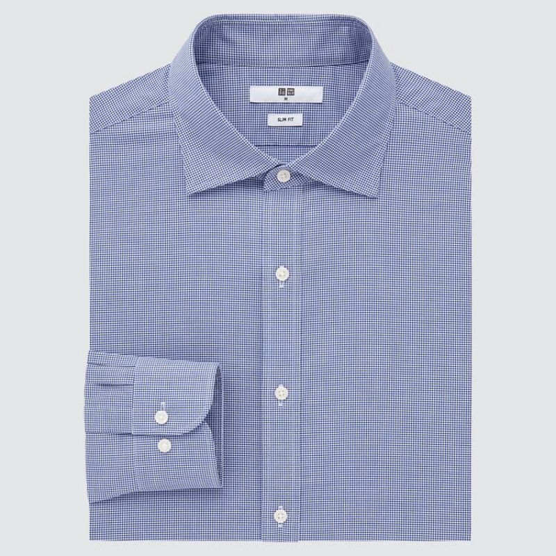 Férfi Uniqlo Easy Care Checked Stretch Slim Fit (Semi-cutaway Collar) Ingek Kék | GVBKA-3217