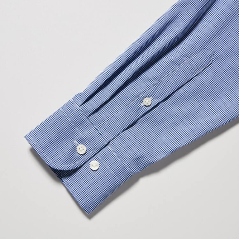 Férfi Uniqlo Easy Care Stretch Slim Fit Checked (Semi-cutaway Collar) Ingek Kék | ZOWIR-7814