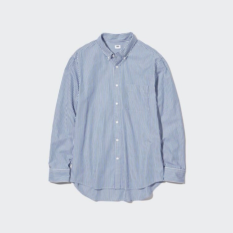 Férfi Uniqlo Extra Fine Pamut Broadcloth Regular Fit Csíkos (Button-down Collar) Ingek Kék | JCIML-2094