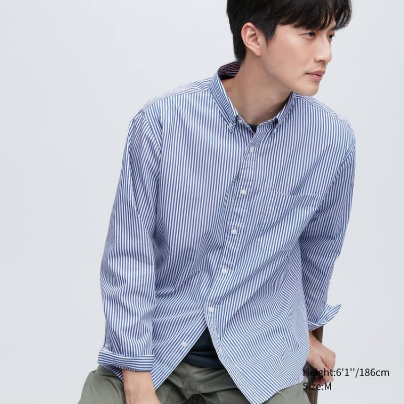 Férfi Uniqlo Extra Fine Pamut Broadcloth Regular Fit Csíkos (Button-down Collar) Ingek Kék | JCIML-2094