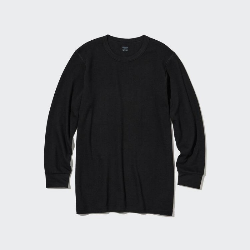 Férfi Uniqlo Heattech Extra Warm Pamut Waffle Crew Neck Long Sleeved Thermal Felsők Fekete | AYBCT-7291