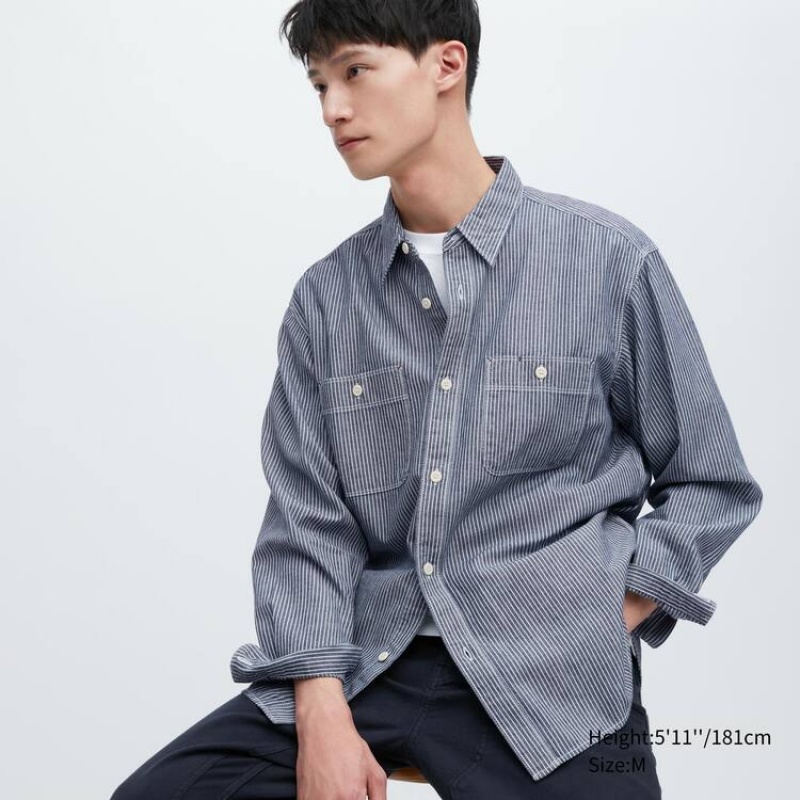 Férfi Uniqlo Hickory Denim Regular Fit Munka (Regular Collar) Ingek Kék | HBTNF-0312