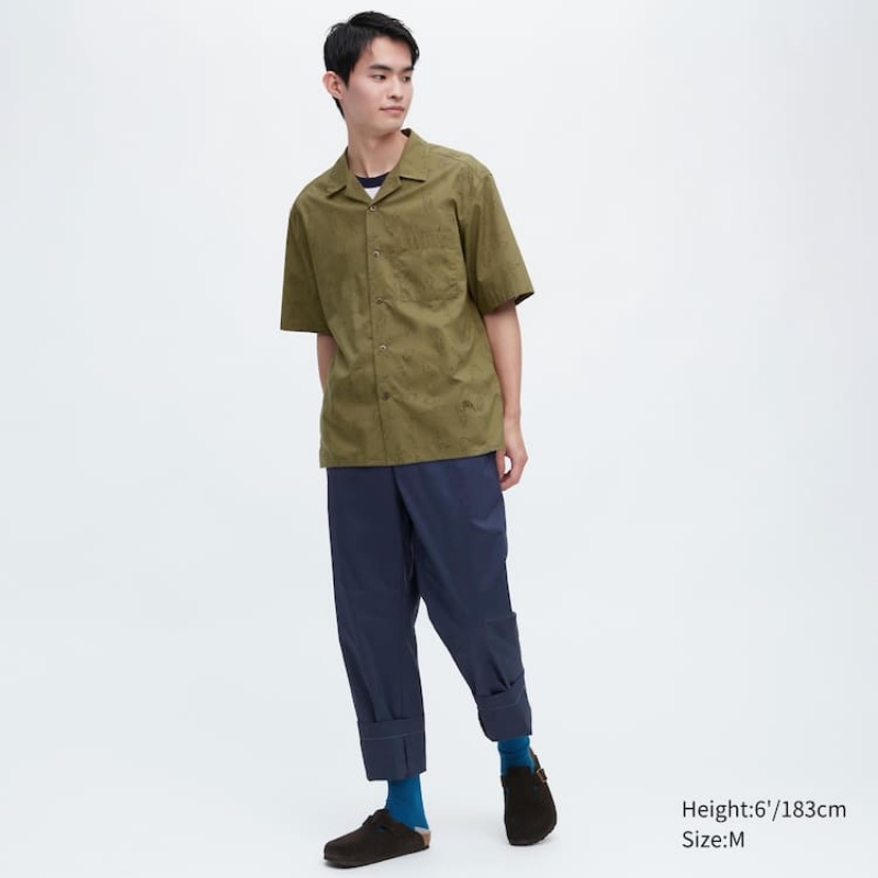 Férfi Uniqlo Jw Anderson Alkalmi Printed Rövid Sleeved (Open Collar) Ingek Olivazöld | XNZLH-0879