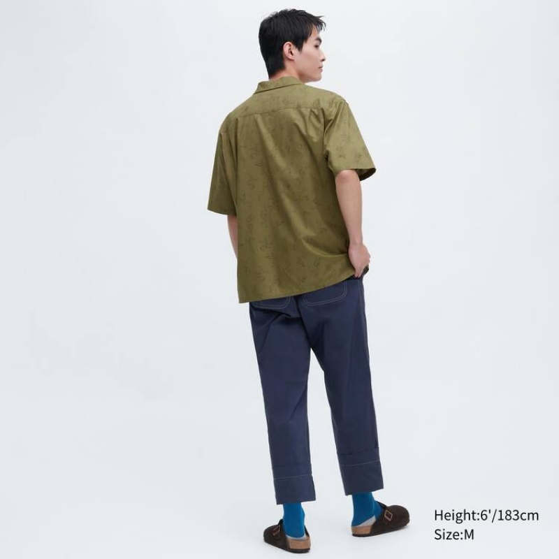 Férfi Uniqlo Jw Anderson Alkalmi Printed Rövid Sleeved (Open Collar) Ingek Olivazöld | XNZLH-0879