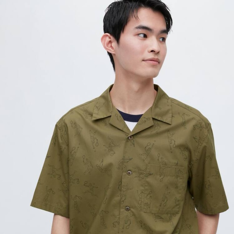 Férfi Uniqlo Jw Anderson Alkalmi Printed Rövid Sleeved (Open Collar) Ingek Olivazöld | XNZLH-0879