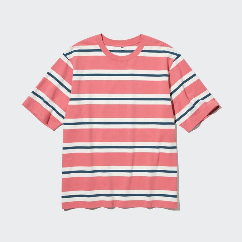 Férfi Uniqlo Oversized Csíkos Half Sleeved Póló Rózsaszín | ZUBPI-1249