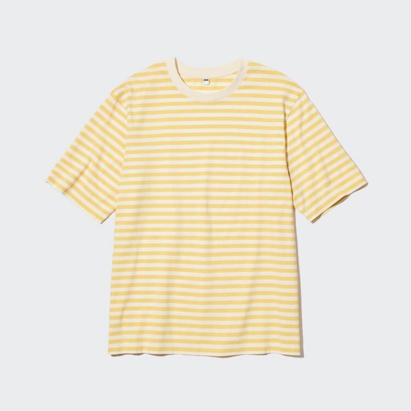 Férfi Uniqlo Oversized Csíkos Half Sleeved Póló Sárga | HKQBO-9102