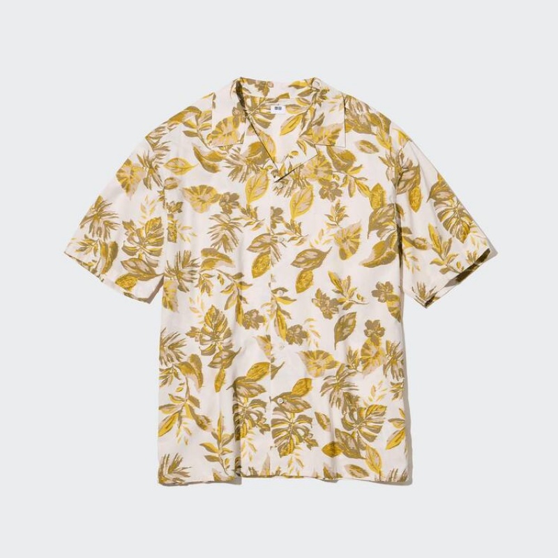 Férfi Uniqlo Pamut Blend Alkalmi Printed Rövid Sleeved (Open Collar) Ingek Fehér | YDBGC-0134