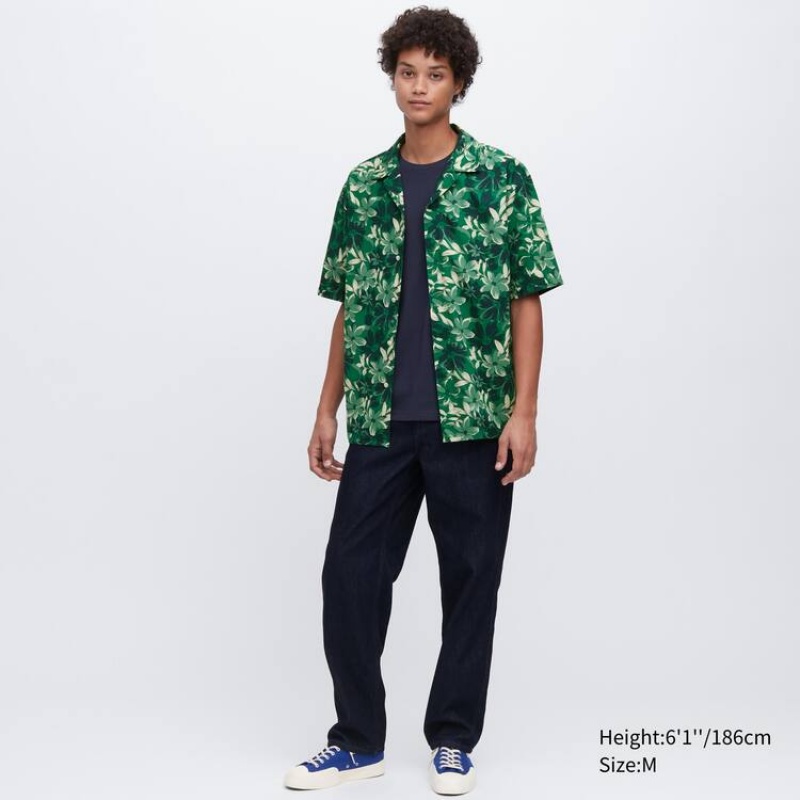 Férfi Uniqlo Pamut Blend Alkalmi Printed Rövid Sleeved (Open Collar) Ingek Zöld | RMDNJ-8590