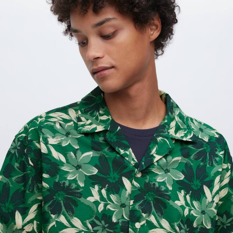 Férfi Uniqlo Pamut Blend Alkalmi Printed Rövid Sleeved (Open Collar) Ingek Zöld | RMDNJ-8590