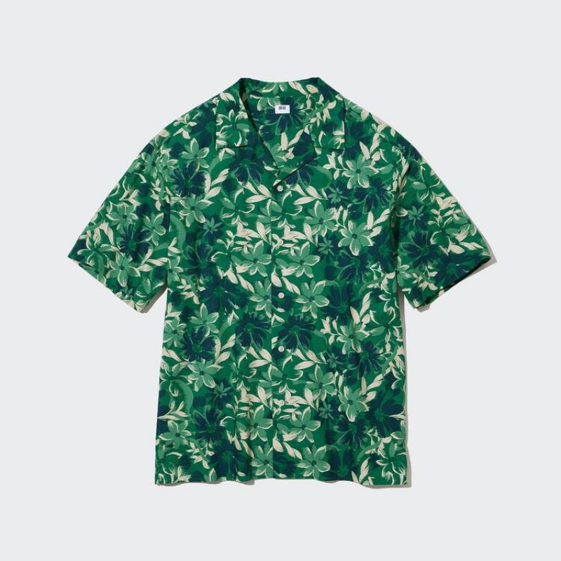 Férfi Uniqlo Pamut Blend Alkalmi Printed Rövid Sleeved (Open Collar) Ingek Zöld | RMDNJ-8590