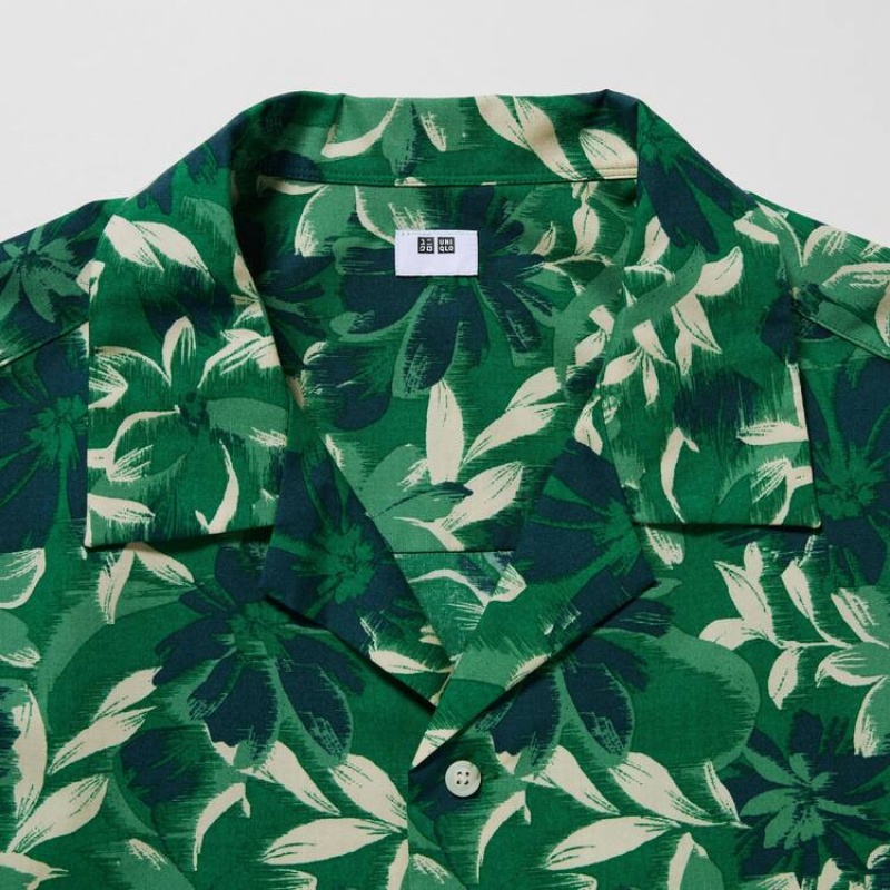 Férfi Uniqlo Pamut Blend Alkalmi Printed Rövid Sleeved (Open Collar) Ingek Zöld | RMDNJ-8590