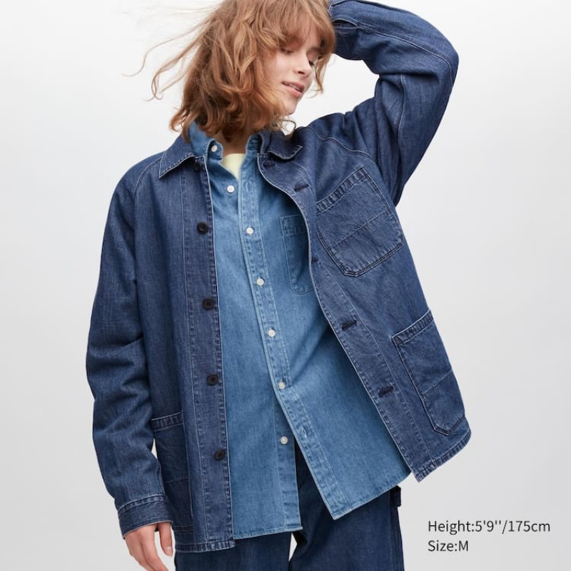 Férfi Uniqlo Pamut Linen Blend Utility Overshirt Kék | JEFCG-4296