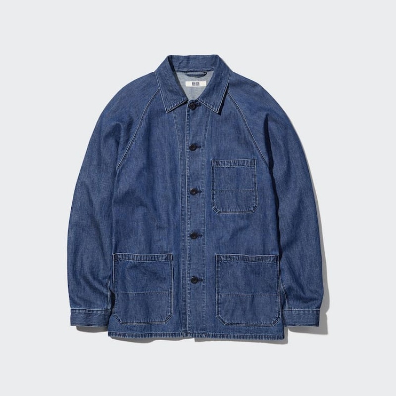 Férfi Uniqlo Pamut Linen Blend Utility Overshirt Kék | JEFCG-4296