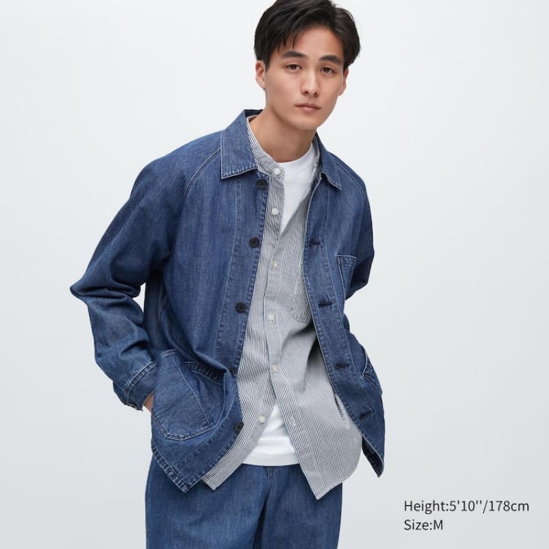 Férfi Uniqlo Pamut Linen Blend Utility Overshirt Kék | JEFCG-4296