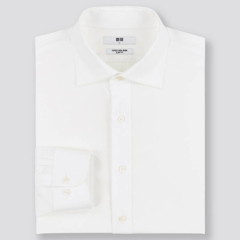 Férfi Uniqlo Super Non-iron Slim Fit (Semi-cutaway Collar) (2021 Season) Ingek Fehér | TJBOD-0512