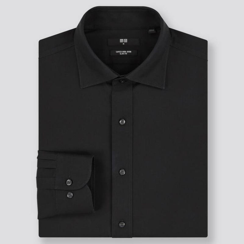 Férfi Uniqlo Super Non-iron Slim Fit Semi-cutaway Collar (2020 Season) Ingek Fekete | BSDEA-2659