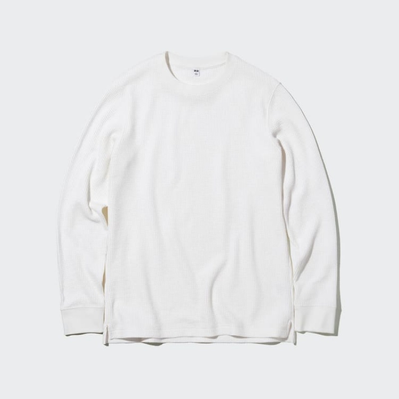 Férfi Uniqlo Waffle Crew Neck Long Sleeved Póló Fehér | SBJNP-4826