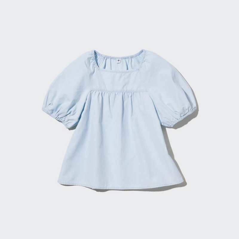 Gyerek Uniqlo 100% Pamut Chambray Gathered Ingek Kék | YMLNK-9374