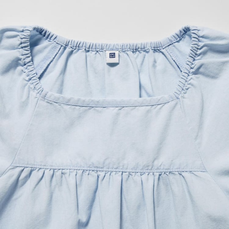 Gyerek Uniqlo 100% Pamut Chambray Gathered Ingek Kék | YMLNK-9374