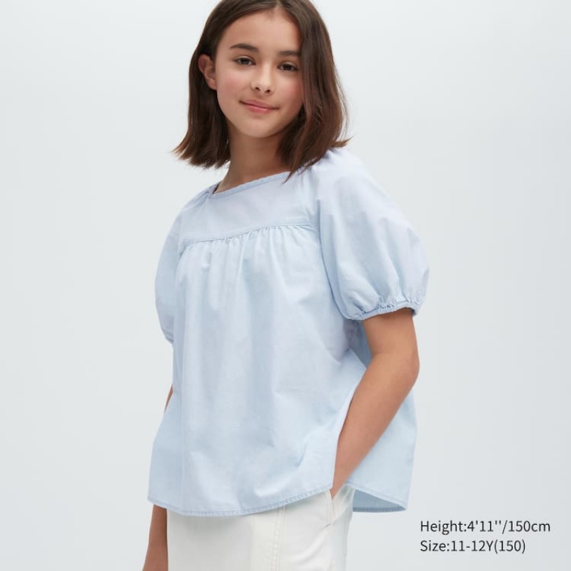 Gyerek Uniqlo 100% Pamut Chambray Gathered Ingek Kék | YMLNK-9374