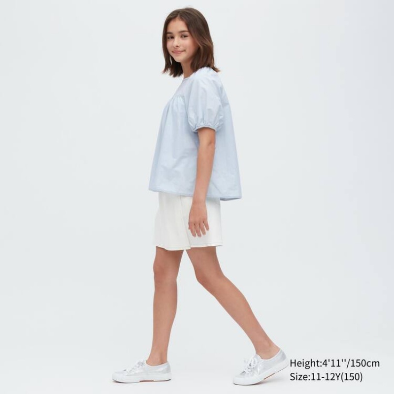 Gyerek Uniqlo 100% Pamut Chambray Gathered Blúz Kék | QAJZI-9817