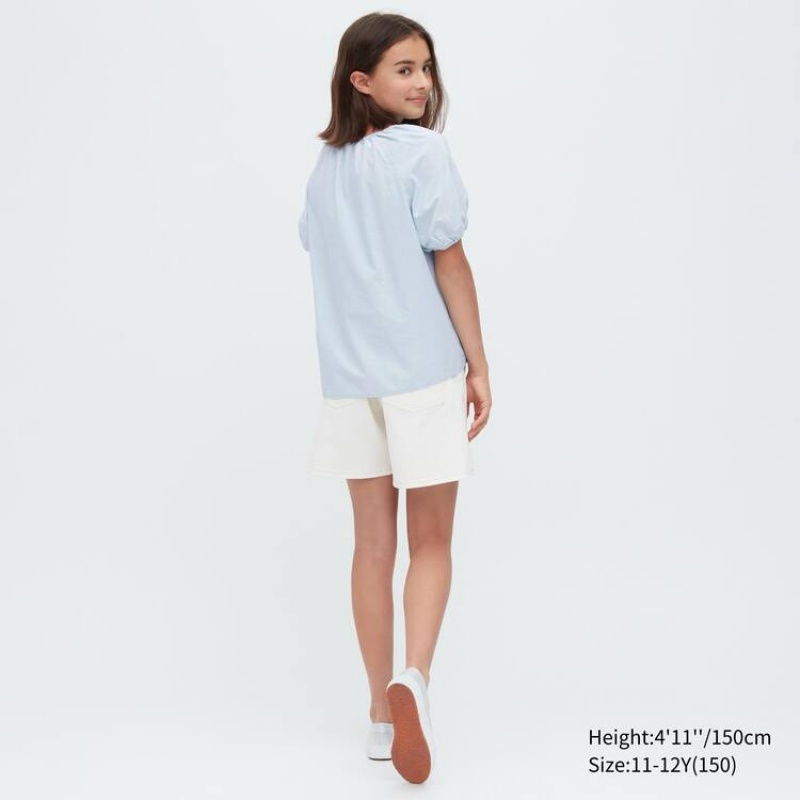 Gyerek Uniqlo 100% Pamut Chambray Gathered Blúz Kék | QAJZI-9817