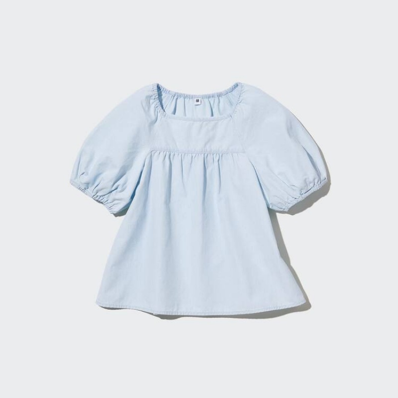 Gyerek Uniqlo 100% Pamut Chambray Gathered Blúz Kék | QAJZI-9817