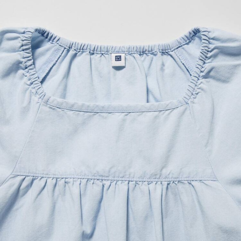 Gyerek Uniqlo 100% Pamut Chambray Gathered Blúz Kék | QAJZI-9817