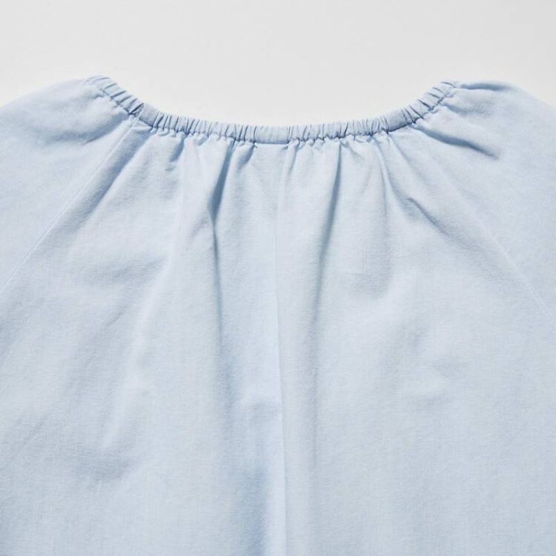 Gyerek Uniqlo 100% Pamut Chambray Gathered Blúz Kék | QAJZI-9817