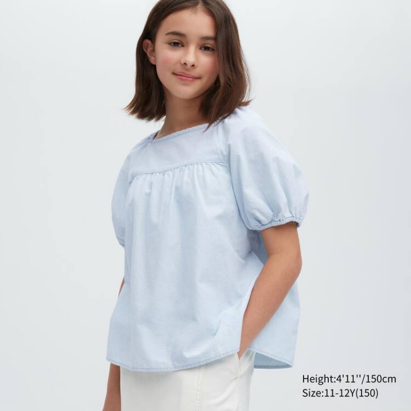 Gyerek Uniqlo 100% Pamut Chambray Gathered Blúz Kék | QAJZI-9817