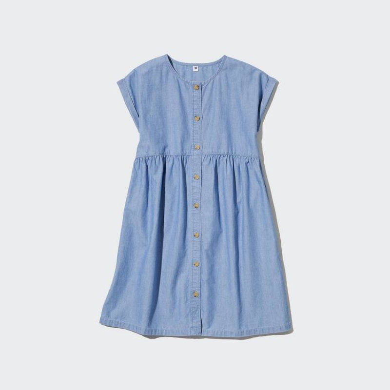 Gyerek Uniqlo Chambray Gathered Rövid Sleeved Ruha Kék | BFMGZ-4312