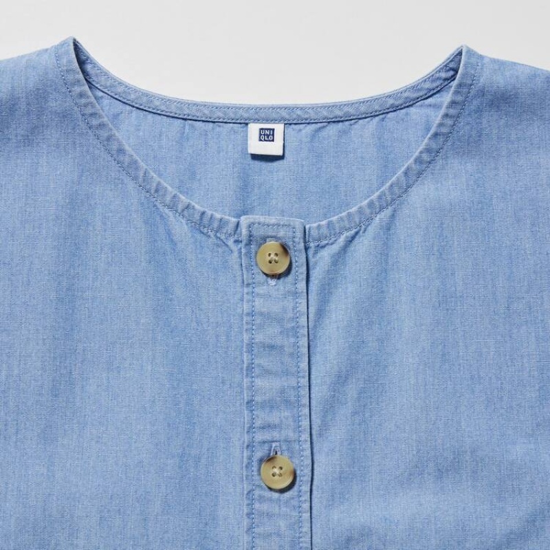 Gyerek Uniqlo Chambray Gathered Rövid Sleeved Ruha Kék | BFMGZ-4312