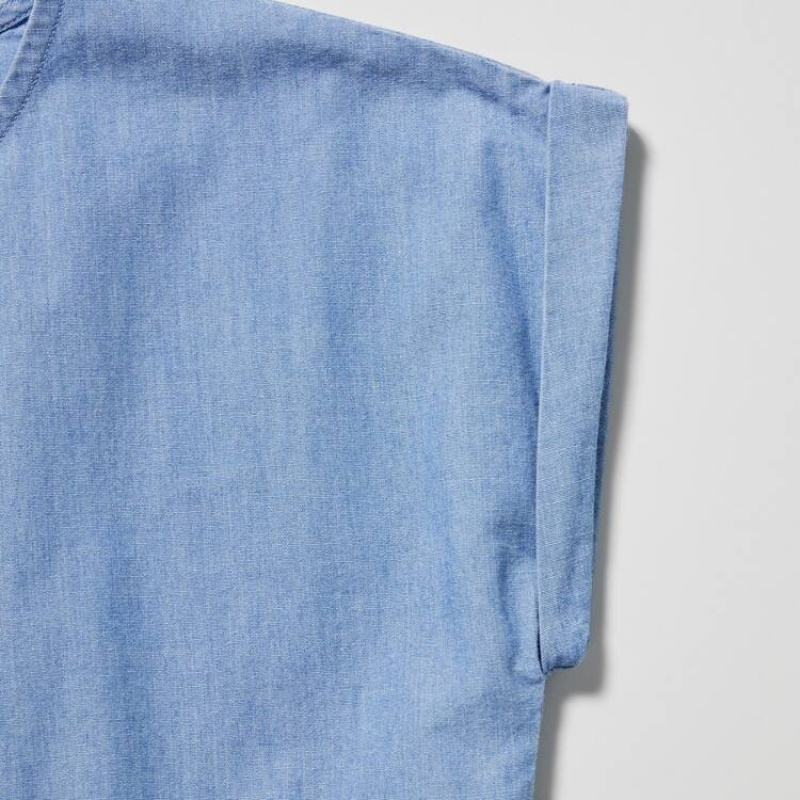 Gyerek Uniqlo Chambray Gathered Rövid Sleeved Ruha Kék | BFMGZ-4312