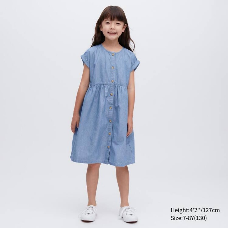 Gyerek Uniqlo Chambray Gathered Rövid Sleeved Ruha Kék | BFMGZ-4312