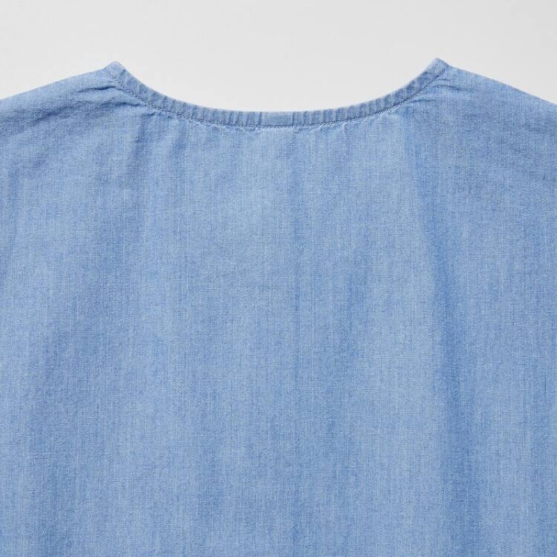 Gyerek Uniqlo Chambray Gathered Rövid Sleeved Ruha Kék | BFMGZ-4312