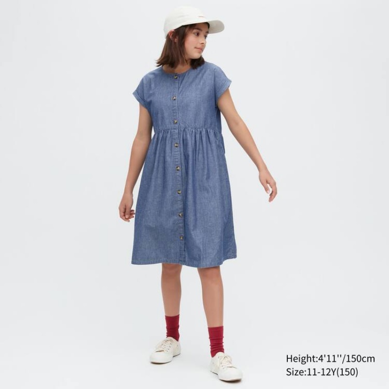 Gyerek Uniqlo Chambray Gathered Rövid Sleeved Ruha Kék | BFMGZ-4312