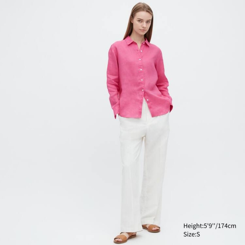 Női Uniqlo 100% Premium Linen Long Sleeved Ingek Rózsaszín | LFNTI-1763