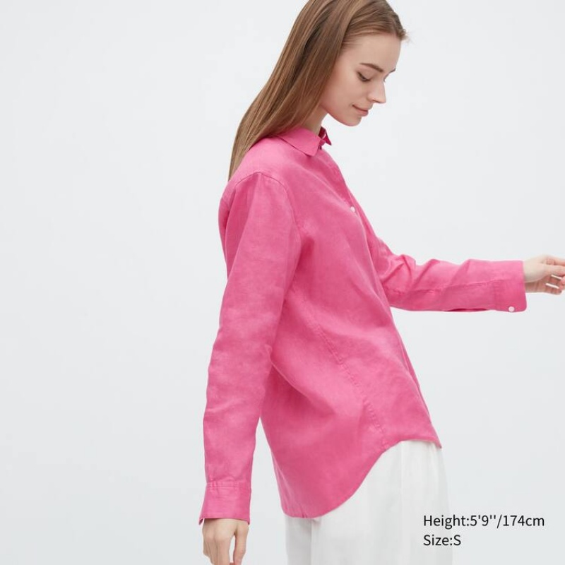 Női Uniqlo 100% Premium Linen Long Sleeved Ingek Rózsaszín | LFNTI-1763