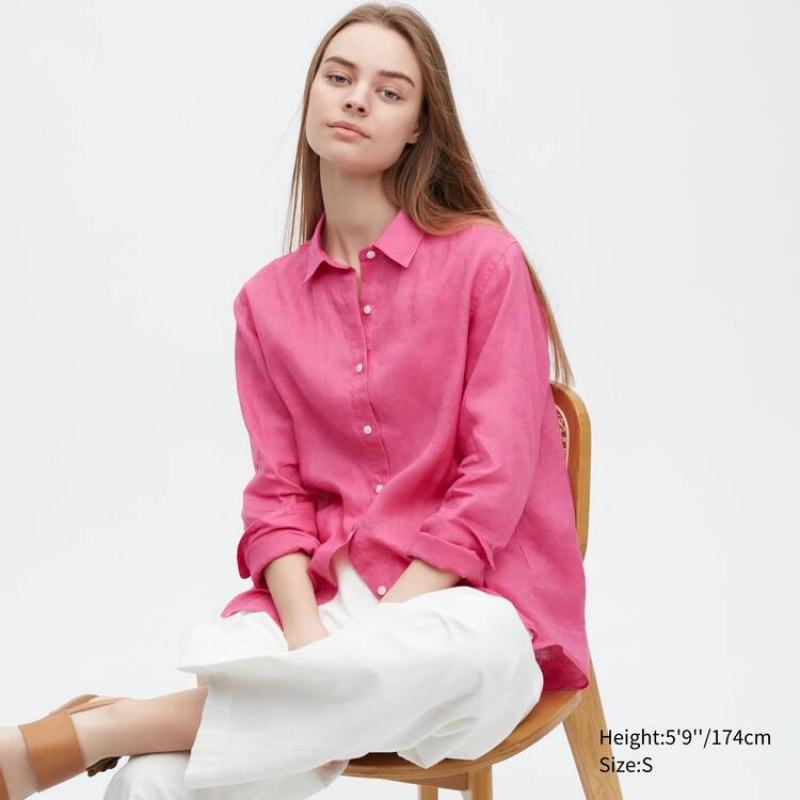 Női Uniqlo 100% Premium Linen Long Sleeved Ingek Rózsaszín | LFNTI-1763